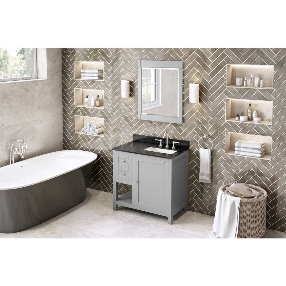 The hardwood Astoria vanity features clean lines and a stepped door profile for a modern look. 