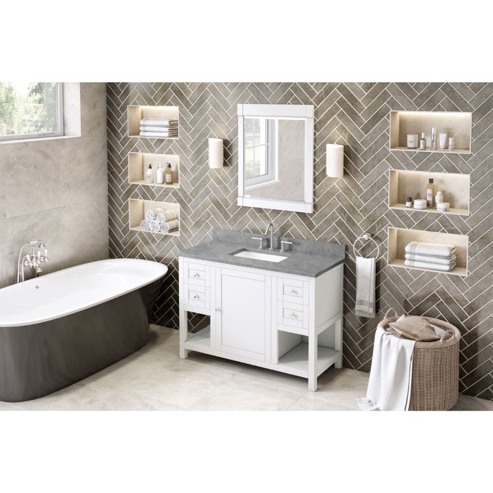 This hardwood Astoria vanity collection features clean lines and a stepped door profile for a modern look. 