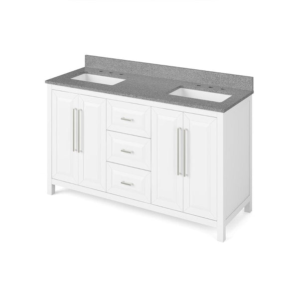 Jeffrey Alexander 60 White Cade Vanity, double bowl, Steel Grey Cultured Marble Vanity Top, undermount rectangle bowl | VKITCAD60WHSGR