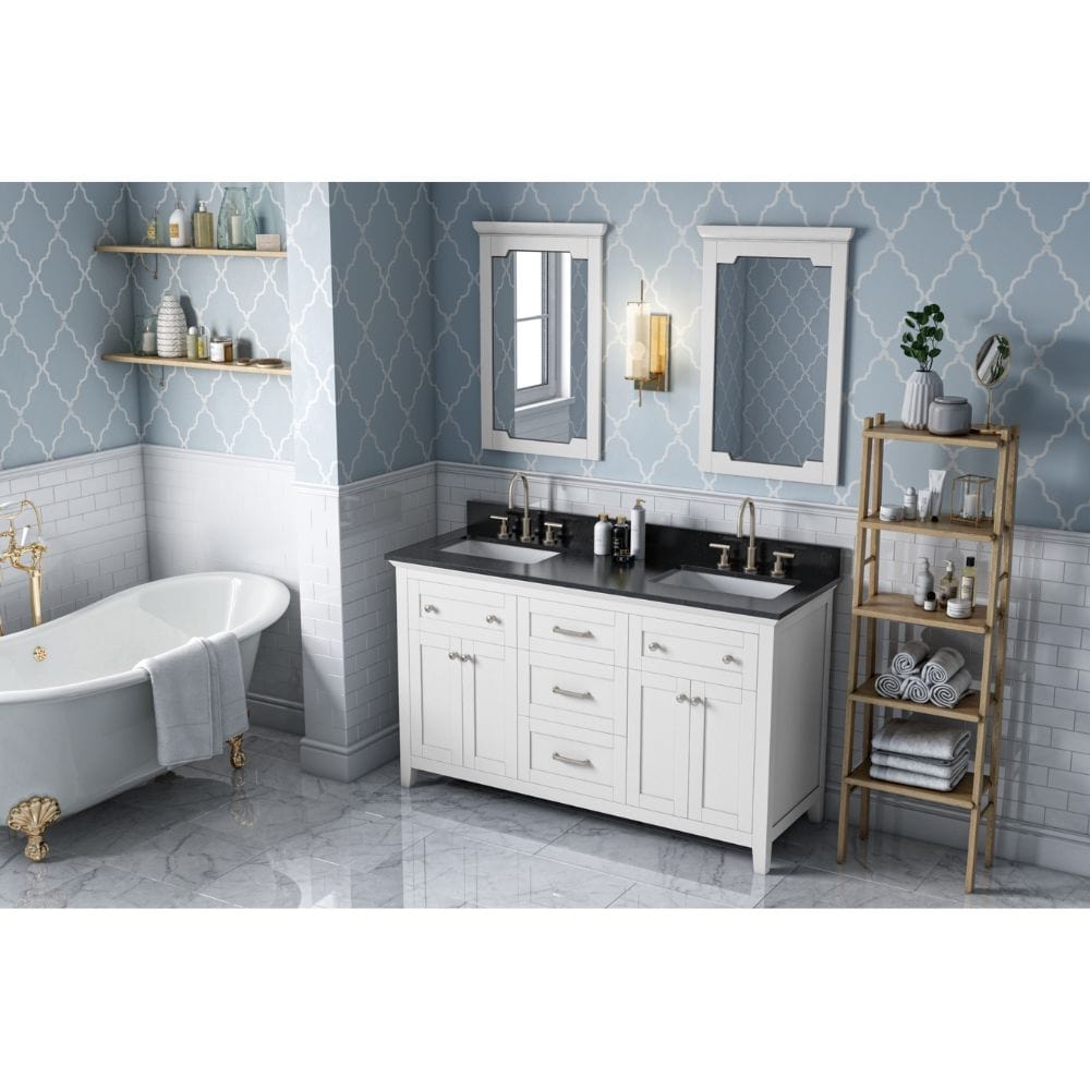 Jeffrey Alexander Vanities Chatham Traditional 60" White Double Sink Vanity, Black Granite Top | VKITCHA60WHBGR