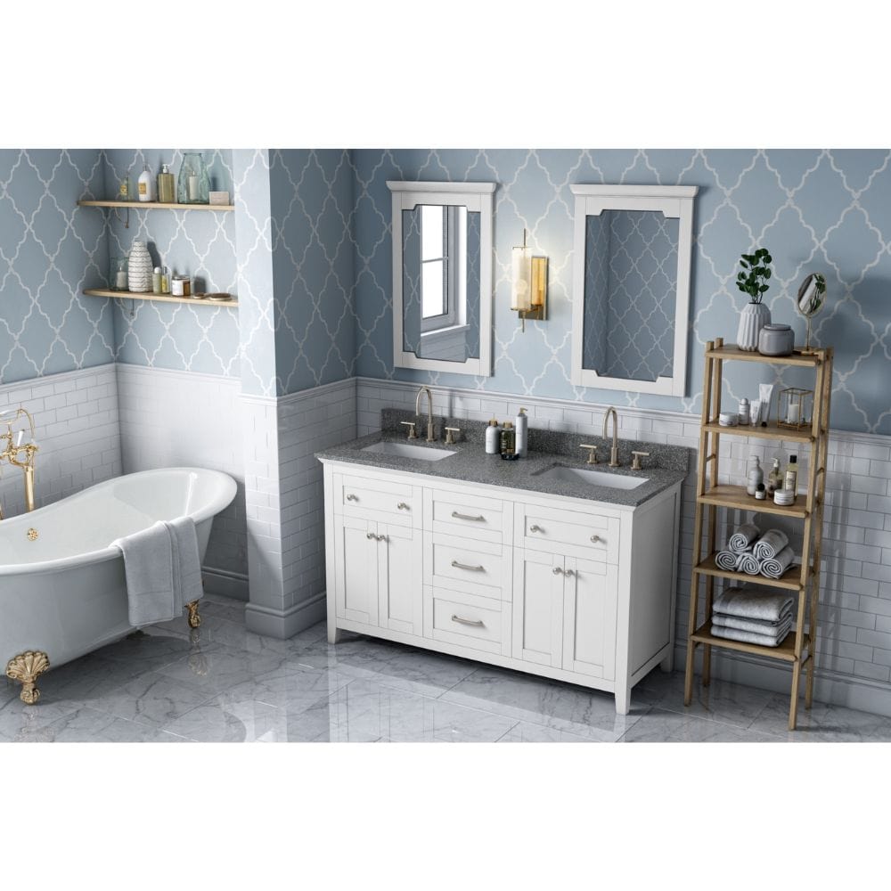 Jeffrey Alexander Vanities Chatham Traditional 60" White Double Sink Vanity, Boulder Cultured Marble Top | VKITCHA60WHBOR