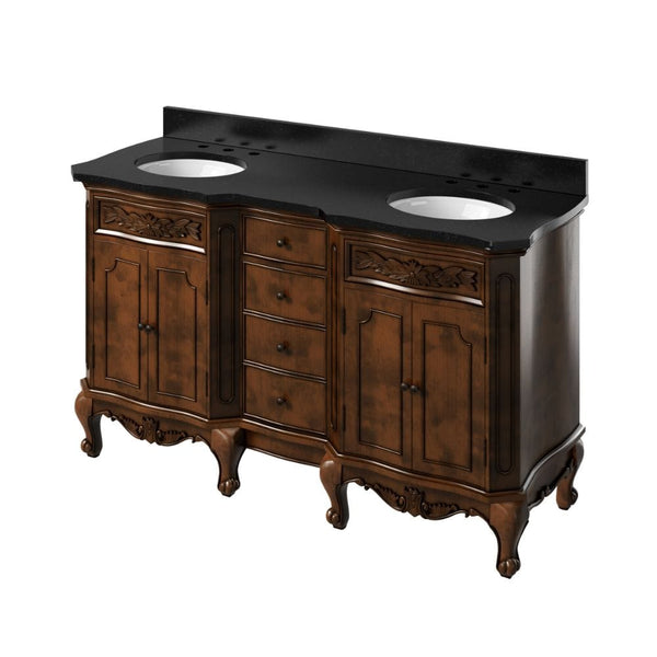 Jeffrey Alexander 60 Nutmeg Clairemont Vanity, double bowl, Clairemont-only Black Granite Vanity Top, two undermount oval bowls | VKITCLA60NUBGO