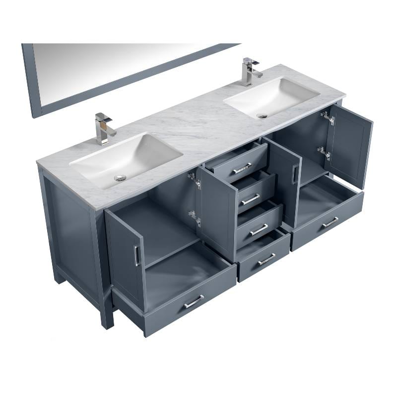 Lexora Vanities Jacques 72" Dark Grey Double Vanity Set with White Carrara Marble Top | LJ342272DBDSM70F