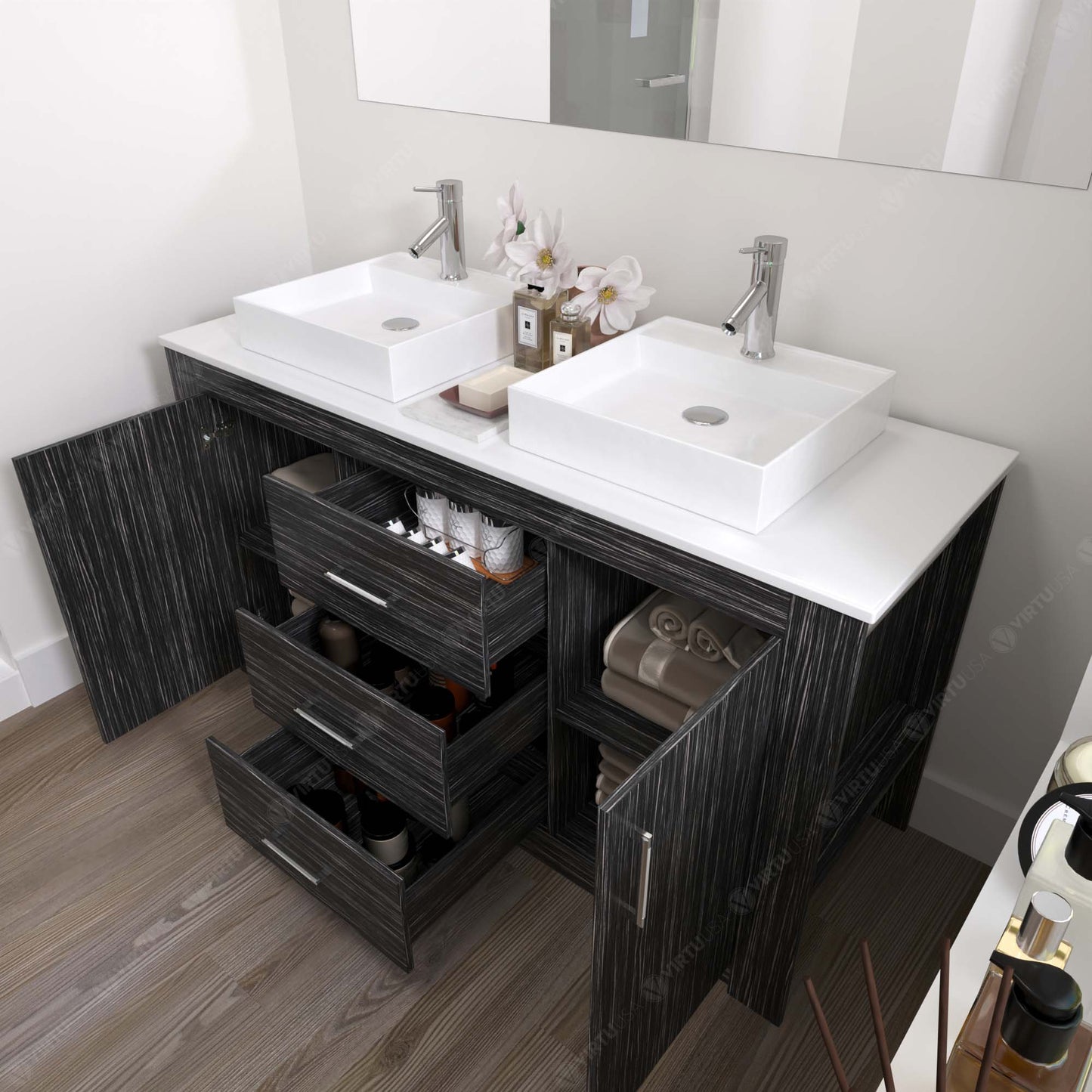 Virtu USA Vanities Virtu Tavian 60" Double Vanity in Midnight Oak w/ White Stone Top and Sinks