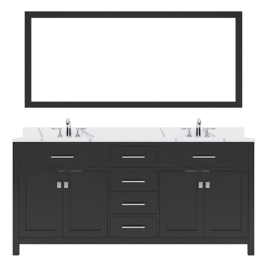 Virtu USA Caroline Avenue 72" Double Bath Vanity in Espresso with Calacatta Quartz Top and Square Sink with Brushed Nickel Faucet with Matching Mirror | MD-2072-CCRO-ES-001
