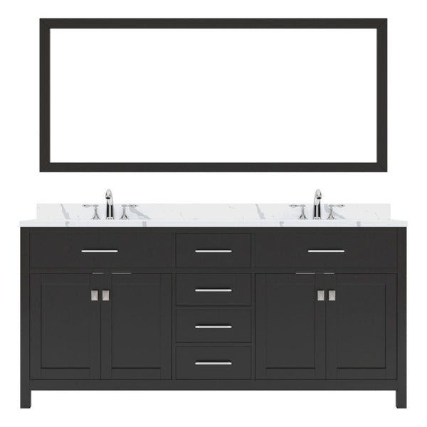 Virtu USA Caroline Avenue 72 Double Bath Vanity in Espresso with Calacatta Quartz Top and Square Sink with Brushed Nickel Faucet with Matching Mirror | MD-2072-CCRO-ES-001