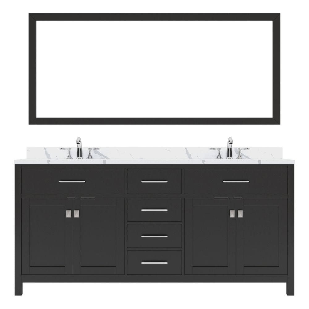Virtu USA Caroline Avenue 72" Double Bath Vanity in Espresso with Calacatta Quartz Top and Square Sink with Polished Chrome Faucet with Matching Mirror | MD-2072-CCRO-ES-002