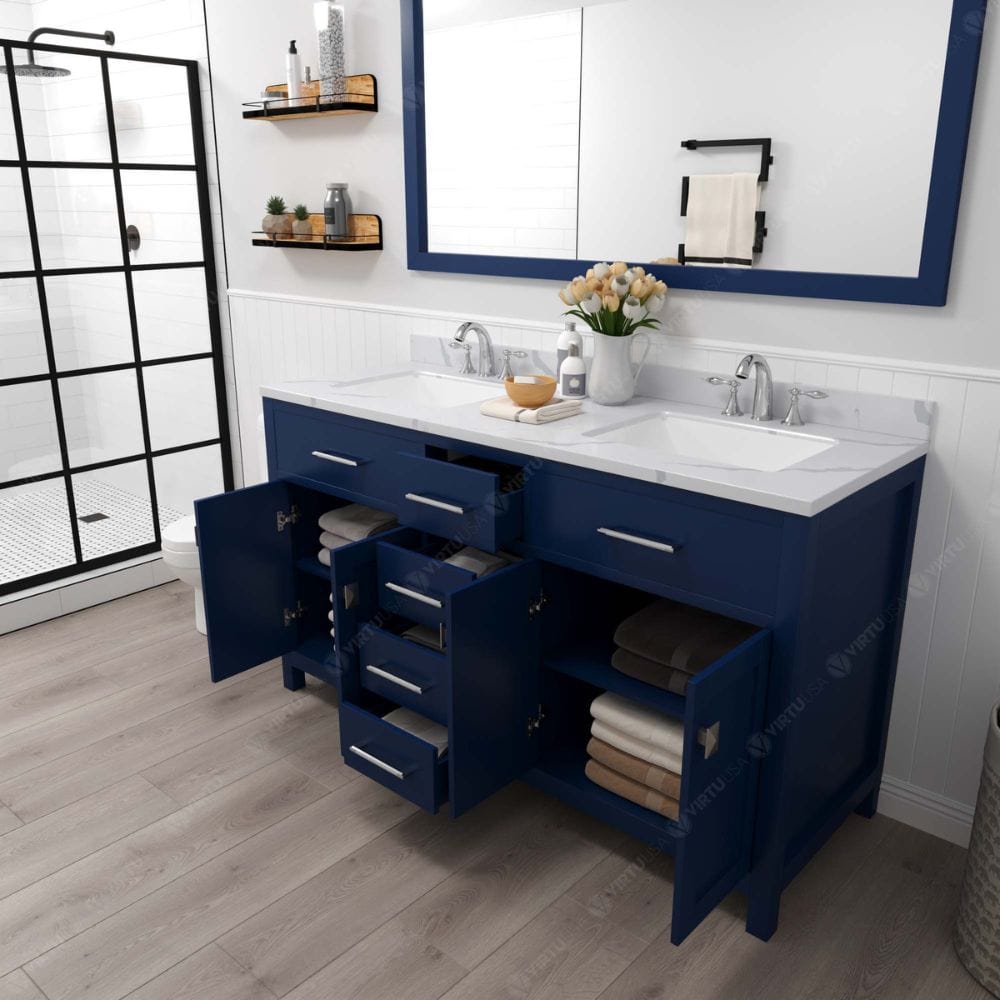 Virtu USA Vanities Caroline Avenue French Blue 60" Double Square Sink Vanity with Calacatta Quartz Top, No Mirror | MD-2060-CCSQ-FB-NM