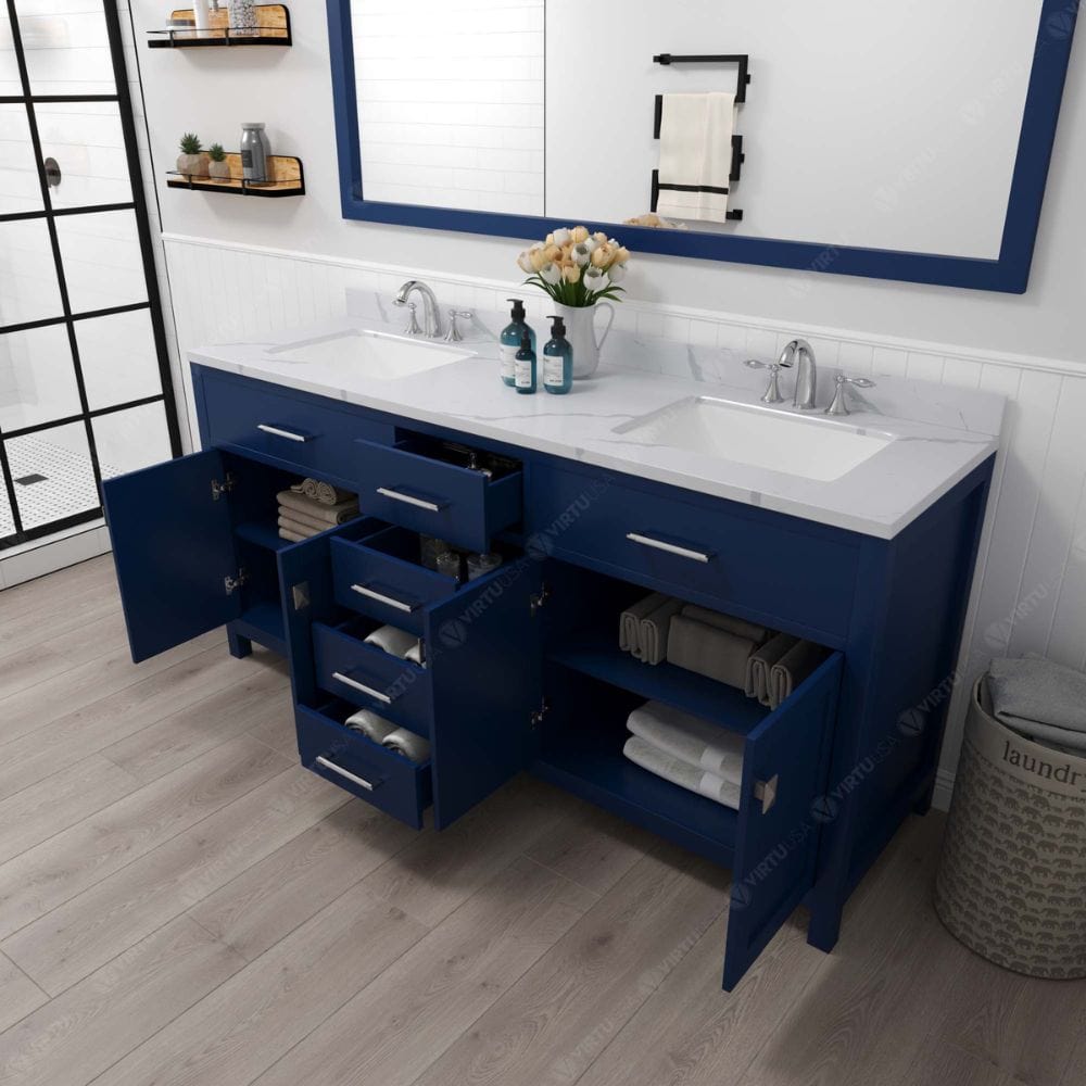 Virtu USA Vanities Caroline Avenue French Blue 72" Double Square Sink Vanity with Calacatta Quartz Top, No Mirror | MD-2072-CCSQ-FB-NM