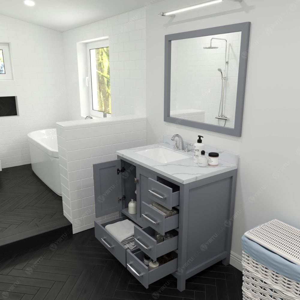 Virtu USA Vanities Caroline Avenue Gray 36" Single Square Sink Vanity with Calacatta Quartz Top, No Mirror | GS-50036-CCSQ-GR-NM