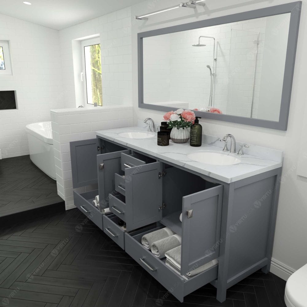 Virtu USA Vanities Caroline Avenue Gray 72" Double Round Sink Vanity with Calacatta Quartz Top, No Mirror | GD-50072-CCRO-GR-NM