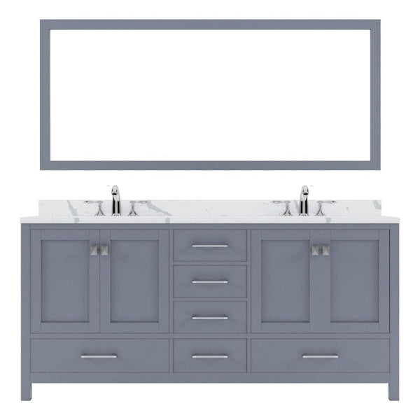 Virtu USA Caroline Avenue 72 Double Bath Vanity in Gray with Calacatta Quartz Top and Round Sinks with Brushed Nickel Faucets with Matching Mirror | GD-50072-CCRO-GR-001