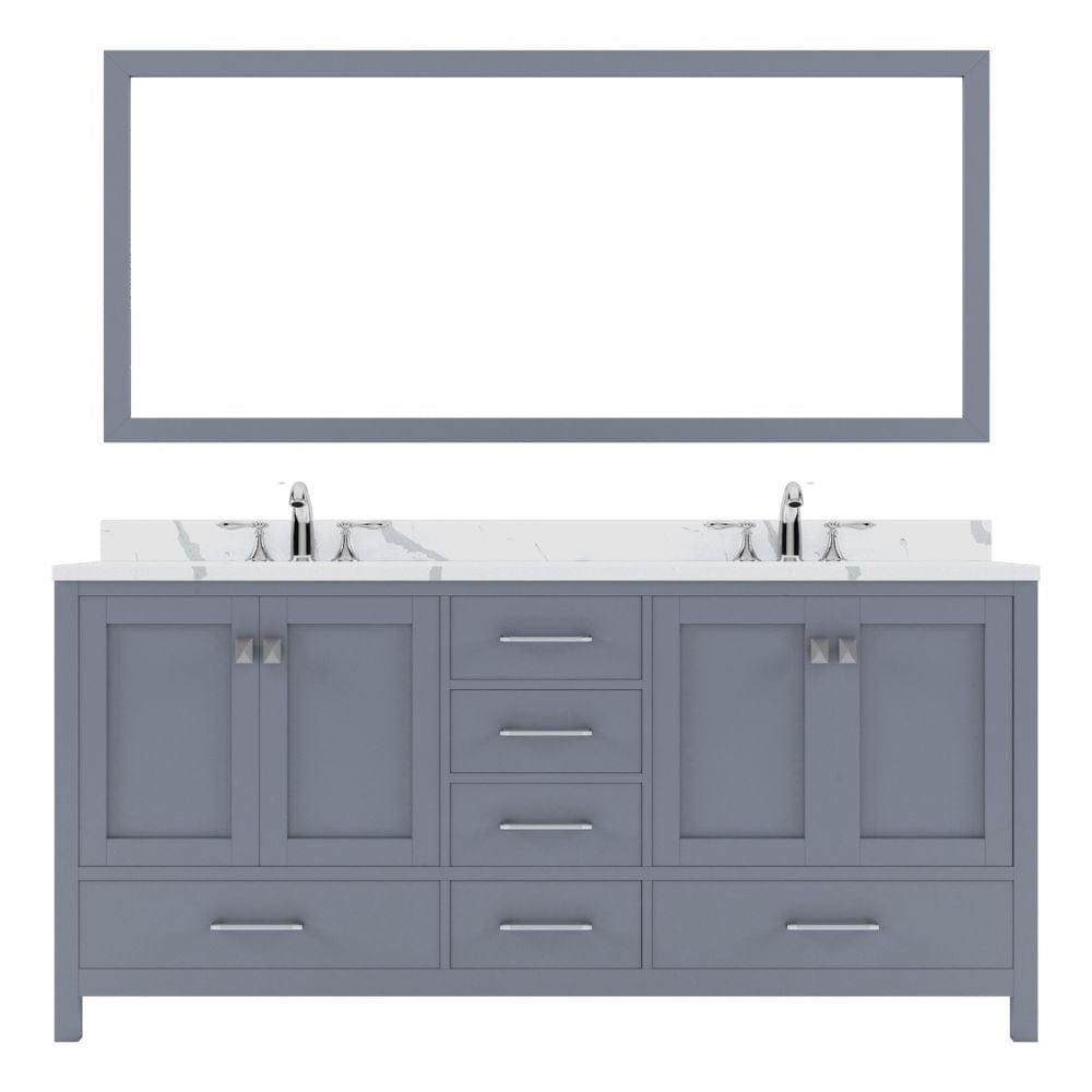 Virtu USA Caroline Avenue 72" Double Bath Vanity in Espresso with Calacatta Quartz Top and Square Sinks with Polished Chrome Faucets with Matching Mirror | GD-50072-CCSQ-GR-002
