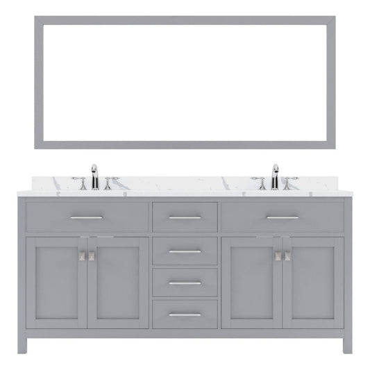 Virtu USA Caroline Avenue 72" Double Bath Vanity in Gray with Calacatta Quartz Top and Square Sink with Polished Chrome Faucet with Matching Mirror | MD-2072-CCSQ-GR-002