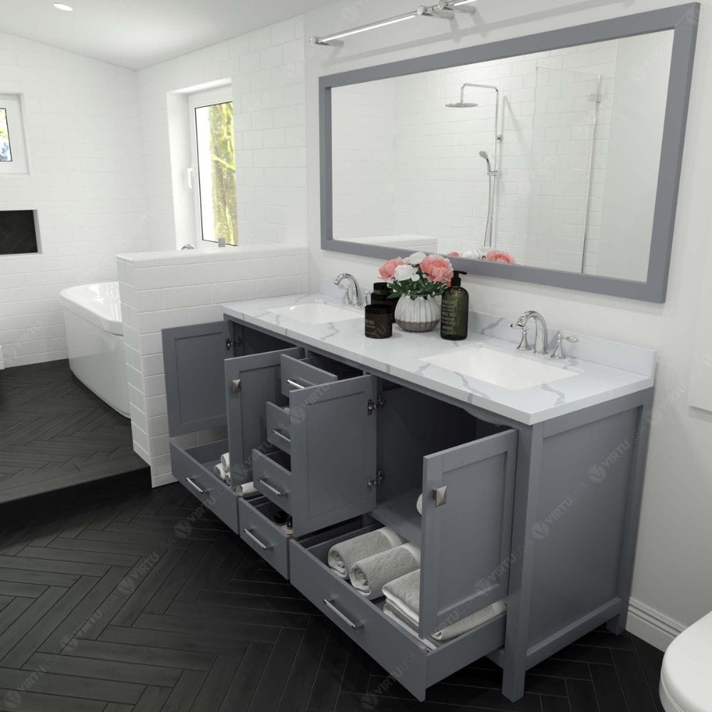 Virtu USA Vanities Caroline Avenue Gray 72" Double Square Sink Vanity with Calacatta Quartz Top | GD-50072-CCSQ-GR