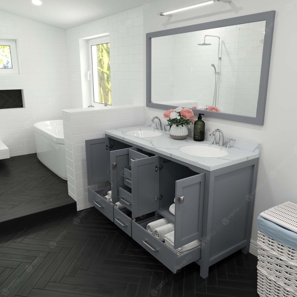 Virtu USA Vanities Caroline Avenue Transitional Gray 60" Double Vanity Set with Calacatta Quartz Top | GD-50060-CCRO-GR-002