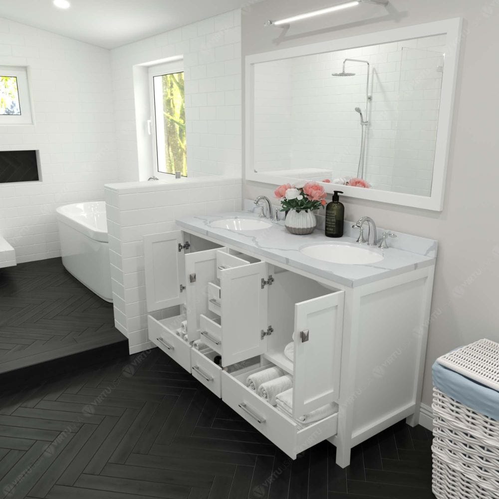 Virtu USA Vanities Caroline Avenue Transitional White 60" Double Vanity with Calacatta Quartz Top | GD-50060-CCRO-WH-NM