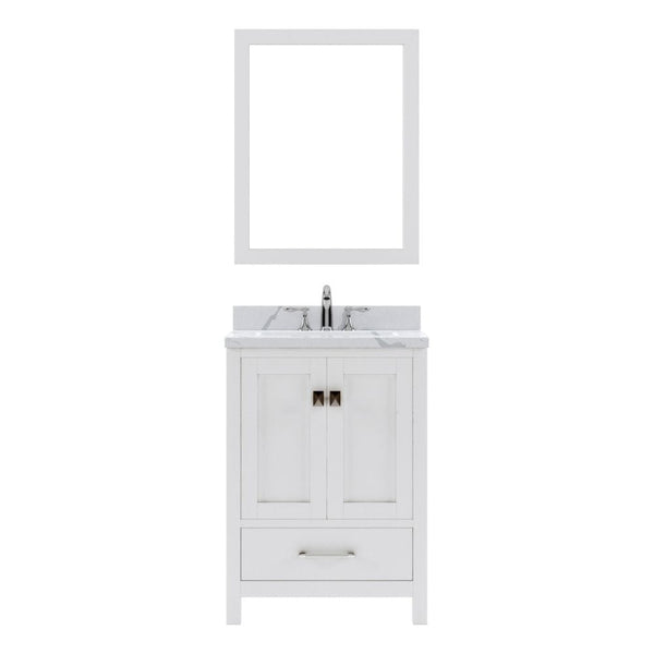 Virtu USA Caroline Avenue 24 Single Bath Vanity in White with Calacatta Quartz Top and Round Sink with Brushed Nickel Faucet with Matching Mirror | GS-50024-CCRO-WH-001