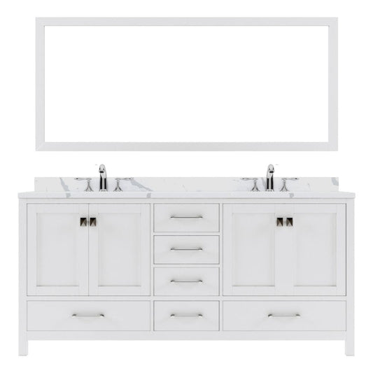 Virtu USA Caroline Avenue 72" Double Bath Vanity in White with Calacatta Quartz Top and Round Sinks with Brushed Nickel Faucets with Matching Mirror | GD-50072-CCRO-WH-001