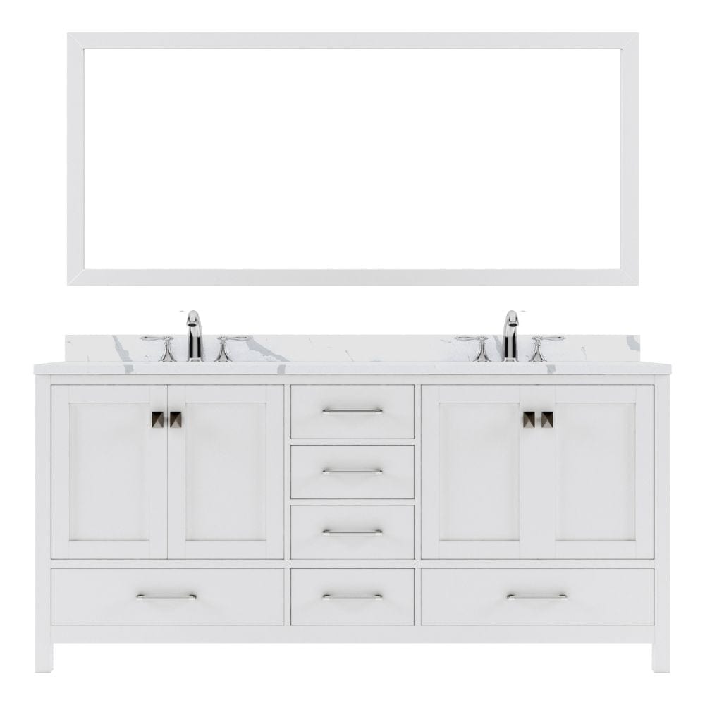 Virtu USA Caroline Avenue 72" Double Bath Vanity in White with Calacatta Quartz Top and Square Sinks with Polished Chrome Faucets with Matching Mirror | GD-50072-CCSQ-WH-002