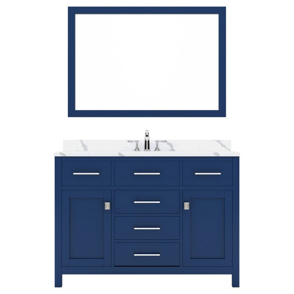 Virtu USA Caroline 48 Single Bath Vanity in French Blue with Calacatta Quartz Top and Round Sink with Brushed Nickel Faucet with Matching Mirror | MS-2048-CCRO-FB-001