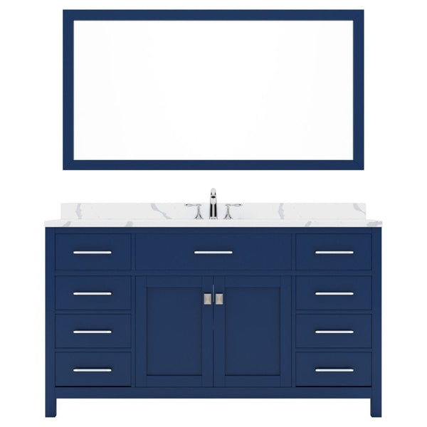 Virtu USA Caroline 60 Single Bath Vanity in French Blue with Calacatta Quartz Top and Round Sink with Brushed Nickel Faucet with Matching Mirror | MS-2060-CCRO-FB-001