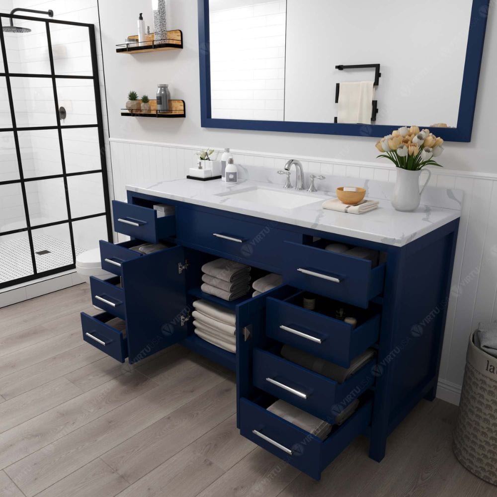 Virtu USA Vanities Caroline French Blue 60" Square Sink Vanity with Calacatta Quartz Top, No Mirror | MS-2060-CCSQ-FB-NM