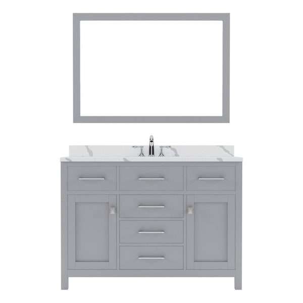 Virtu USA Caroline 48 Single Bath Vanity in Gray with Calacatta Quartz Top and Round Sink with Brushed Nickel Faucet with Matching Mirror | MS-2048-CCRO-GR-001