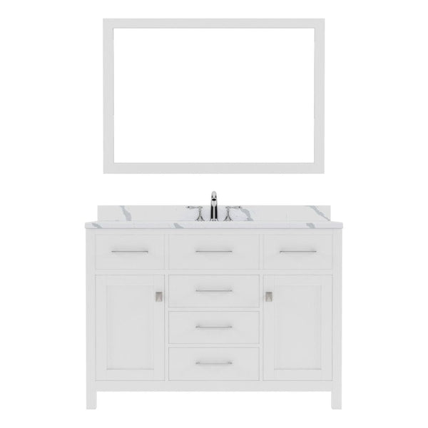 Virtu USA Caroline 48 Single Bath Vanity in White with Calacatta Quartz Top and Round Sink with Brushed Nickel Faucet with Matching Mirror | MS-2048-CCRO-WH-001
