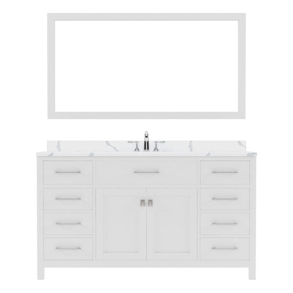 Virtu USA Caroline 60 Single Bath Vanity in White with Calacatta Quartz Top and Round Sink with Polished Chrome Faucet with Matching Mirror | MS-2060-CCRO-WH-002