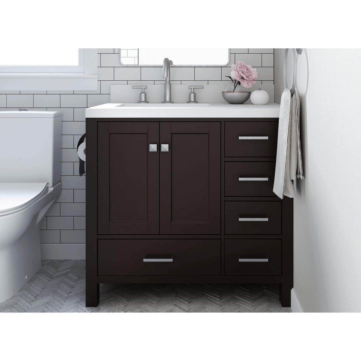 Ariel Vanities Ariel Cambridge Transitional Espresso 37" Left Offset Rectangle Sink Vanity w/ White Quartz Countertop