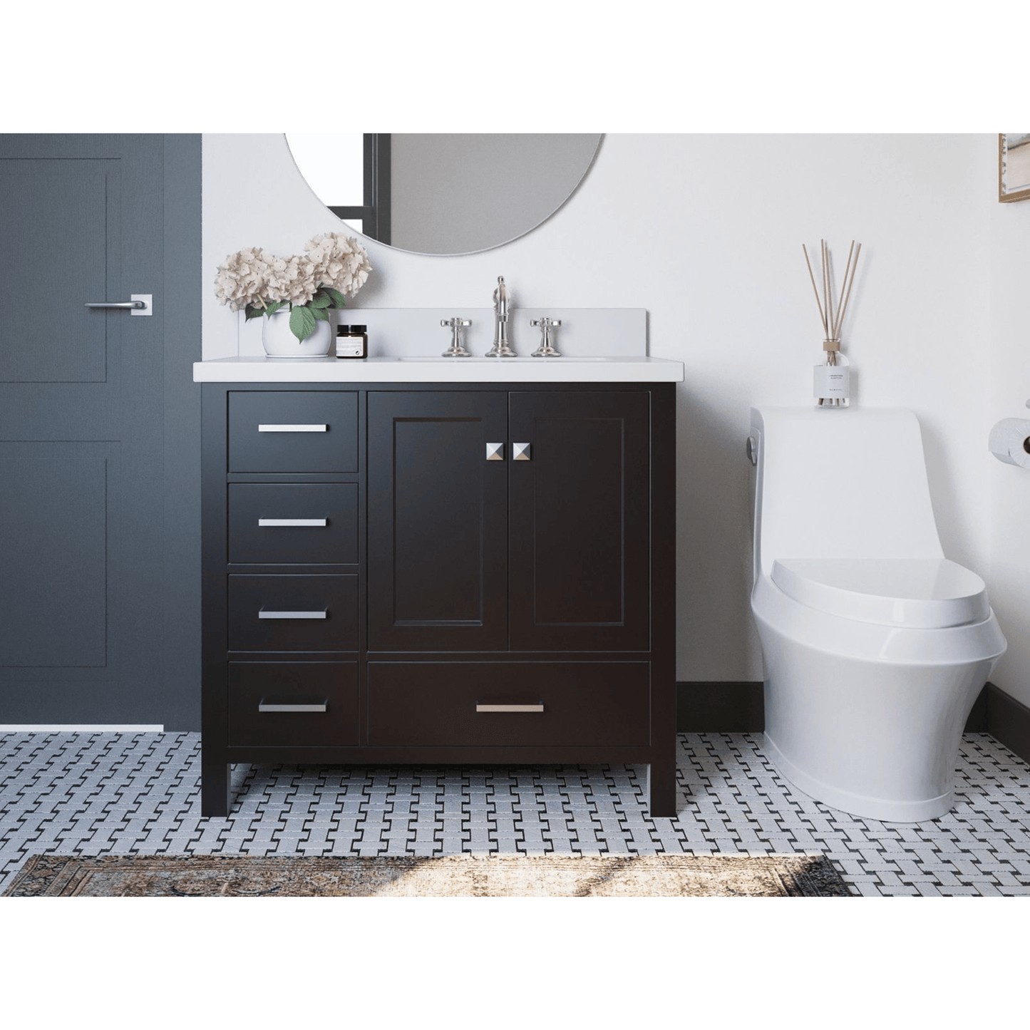 Ariel Vanities Ariel Cambridge Transitional Espresso 37" Right Offset Oval Sink Vanity w/ White Quartz Countertop