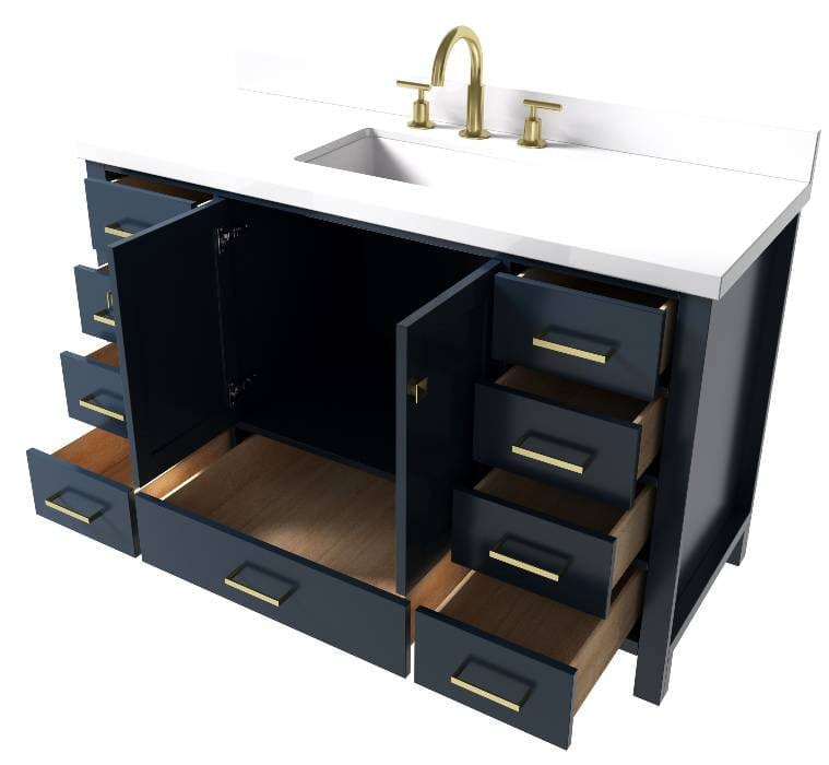 Ariel Vanities Ariel Cambridge Transitional Midnight Blue 55" Rectangle Sink Vanity w/ White Quartz Countertop