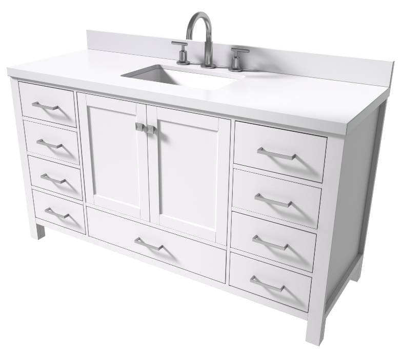 Ariel Vanities Ariel Cambridge Transitional White 61" Rectangle Sink Vanity w/ White Quartz Countertop