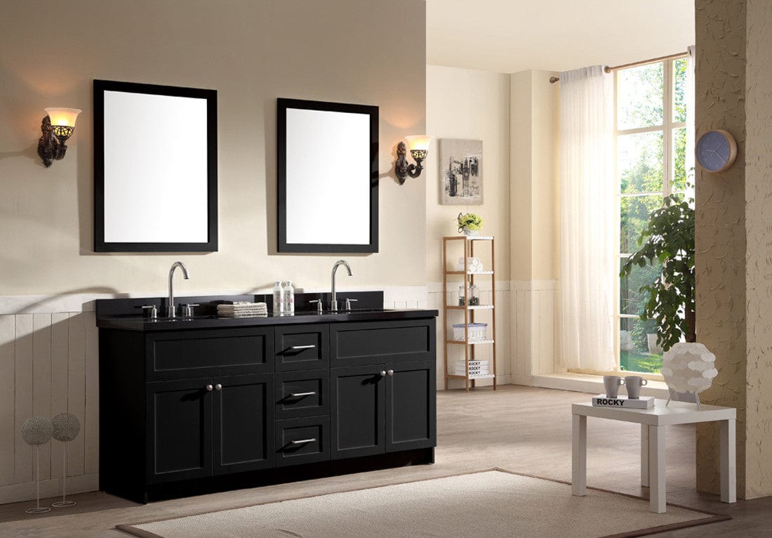 Ariel Hamlet 73 Double Sink Vanity Set with Absolute Black Granite Countertop in Black