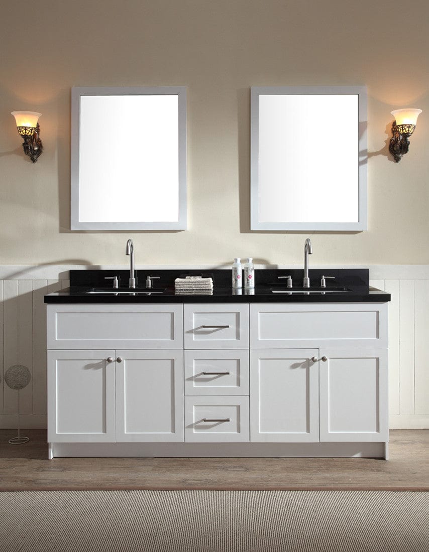 Ariel Hamlet 73 Double Sink Vanity Set with Absolute Black Granite Countertop in White