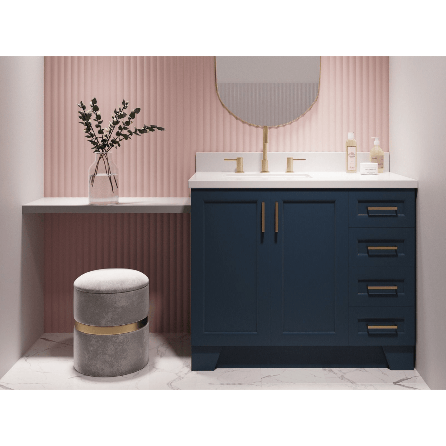 Ariel Vanity Base Cabinets Ariel Taylor 42" Transitional Midnight Blue Left Offset Single Sink Base Cabinet