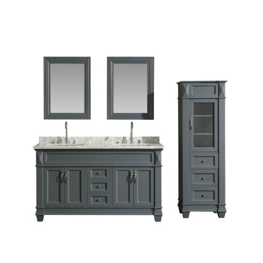 Hudson 60″ Gray Single Sink Vanity w/ Carrara Marble Top and 65" Linen Cabinet