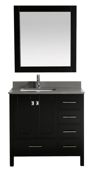 London 36 Vanity in Espresso with Quartz Vanity Top in Gray with White Basin and Mirror