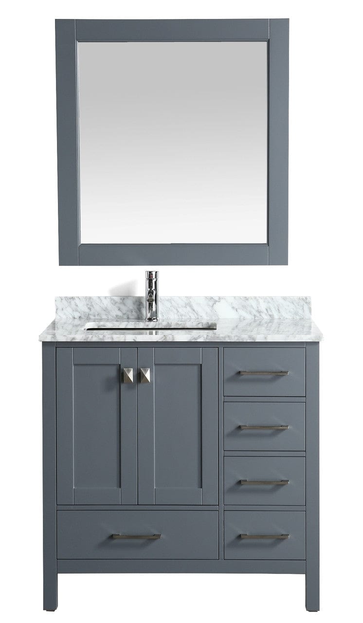 London 36" Vanity in Gray with Marble Vanity Top in Carrera White with White Basin and Mirror
