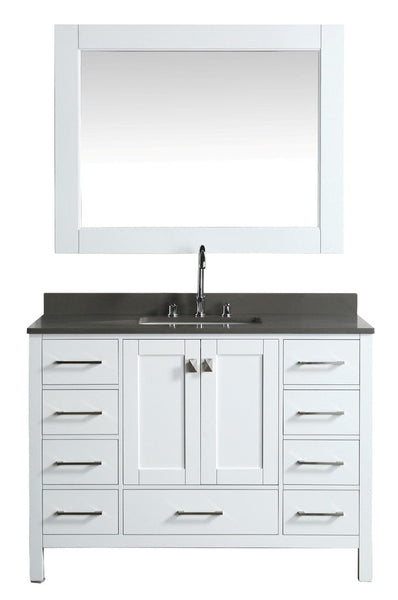 London 48 Vanity in White with Quartz Vanity Top in Gray with White Basin and Mirror