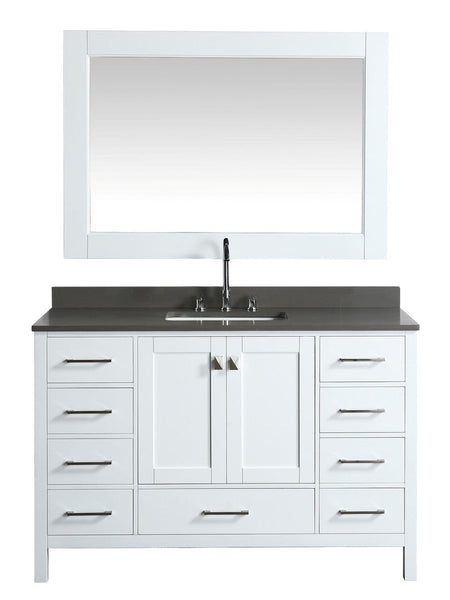 London 54 Vanity in White with Quartz Vanity Top in Gray with White Basin and Mirror