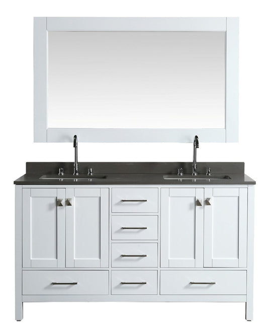 London 60" Vanity in White with Quartz Vanity Top in Gray with White Basin and Mirror