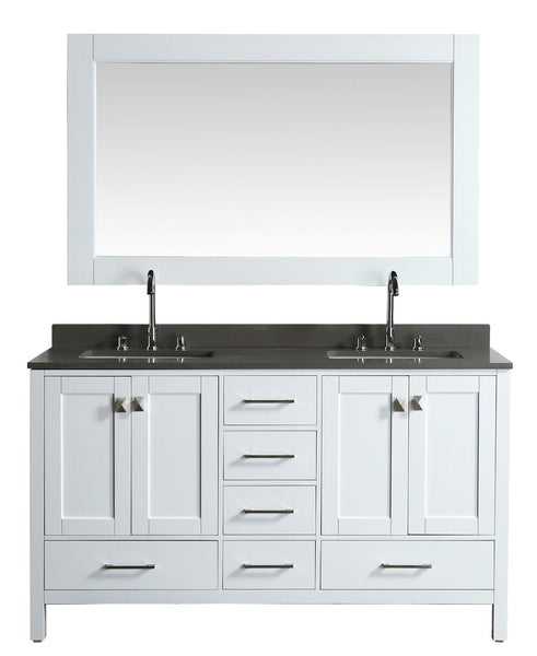 London 60 Vanity in White with Quartz Vanity Top in Gray with White Basin and Mirror