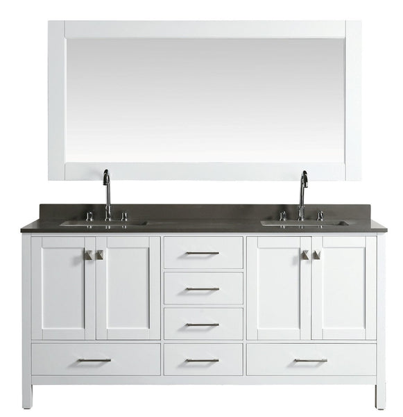 London 72 Vanity in White with Quartz Vanity Top in Gray with White Basin and Mirror
