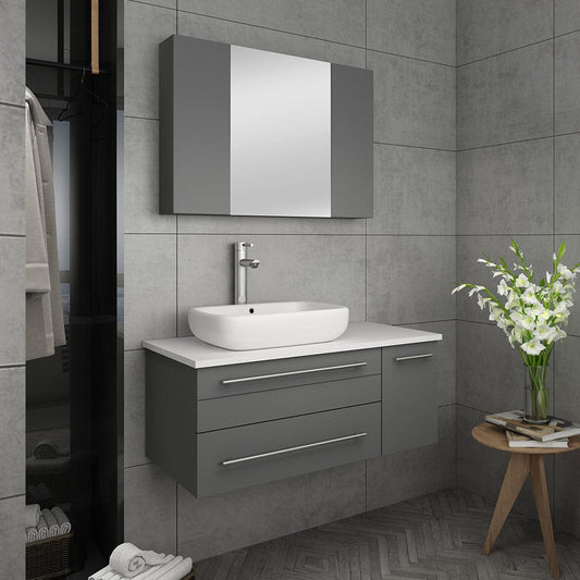 Fresca Lucera 36 Gray Wall Hung Vessel Sink Bathroom Vanity w/ Medicine Cabinet - Left Version