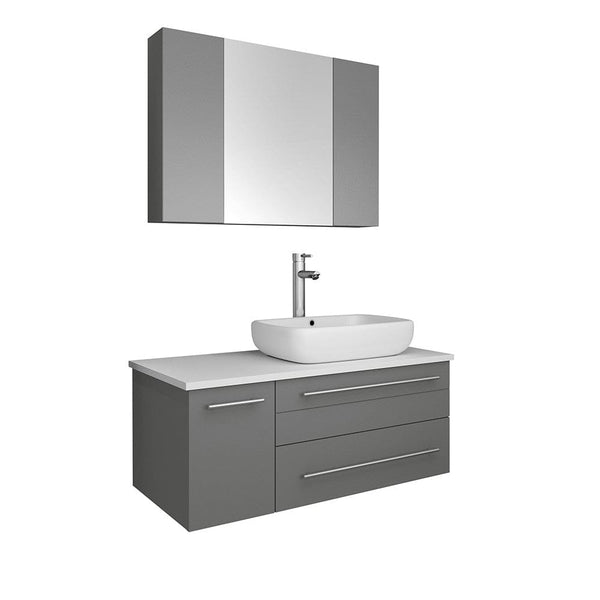 Fresca Lucera 36 Gray Wall Hung Vessel Sink Bathroom Vanity w/ Medicine Cabinet - Right Version