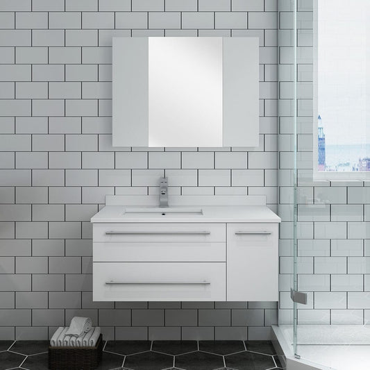 Fresca Lucera 36 White Wall Hung Undermount Sink  Bathroom Vanity w/ Medicine Cabinet - Left Version