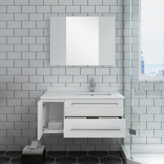 Fresca Lucera 36 White Wall Hung Undermount Sink Bathroom Vanity w/ Medicine Cabinet - Right Version