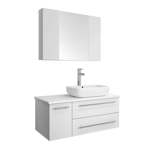 Fresca Lucera 36 White Wall Hung Vessel Sink Bathroom Vanity w/ Medicine Cabinet - Right Version